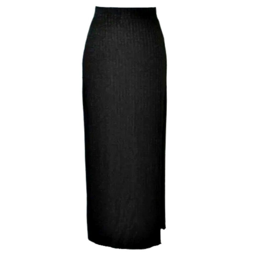 Maxi Skirt Lightweight Ribbed Knit Wide Waistband Side Slit Black Sz Women's S/M - Picture 1 of 5